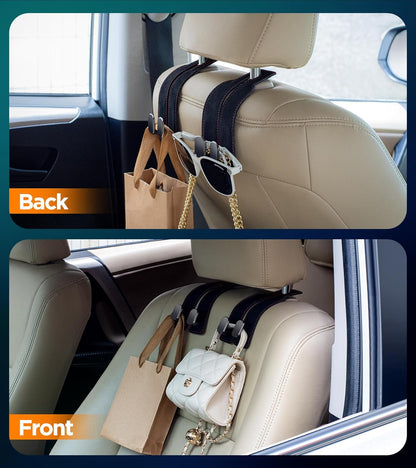 Premium Leather Car Headrest Hanger with Metal Hooks, Car Seat Back Storage Hooks for Purses, Handbags, Phone (2 Pack)